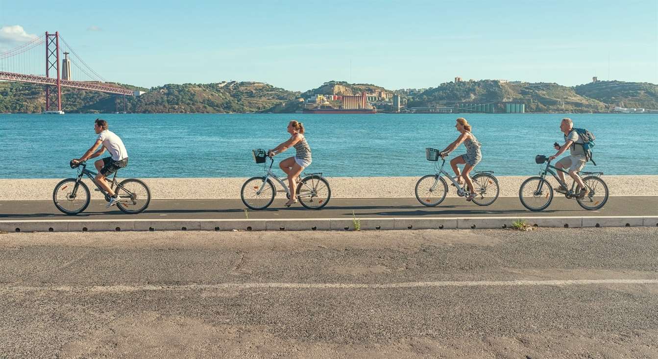 a family biking together